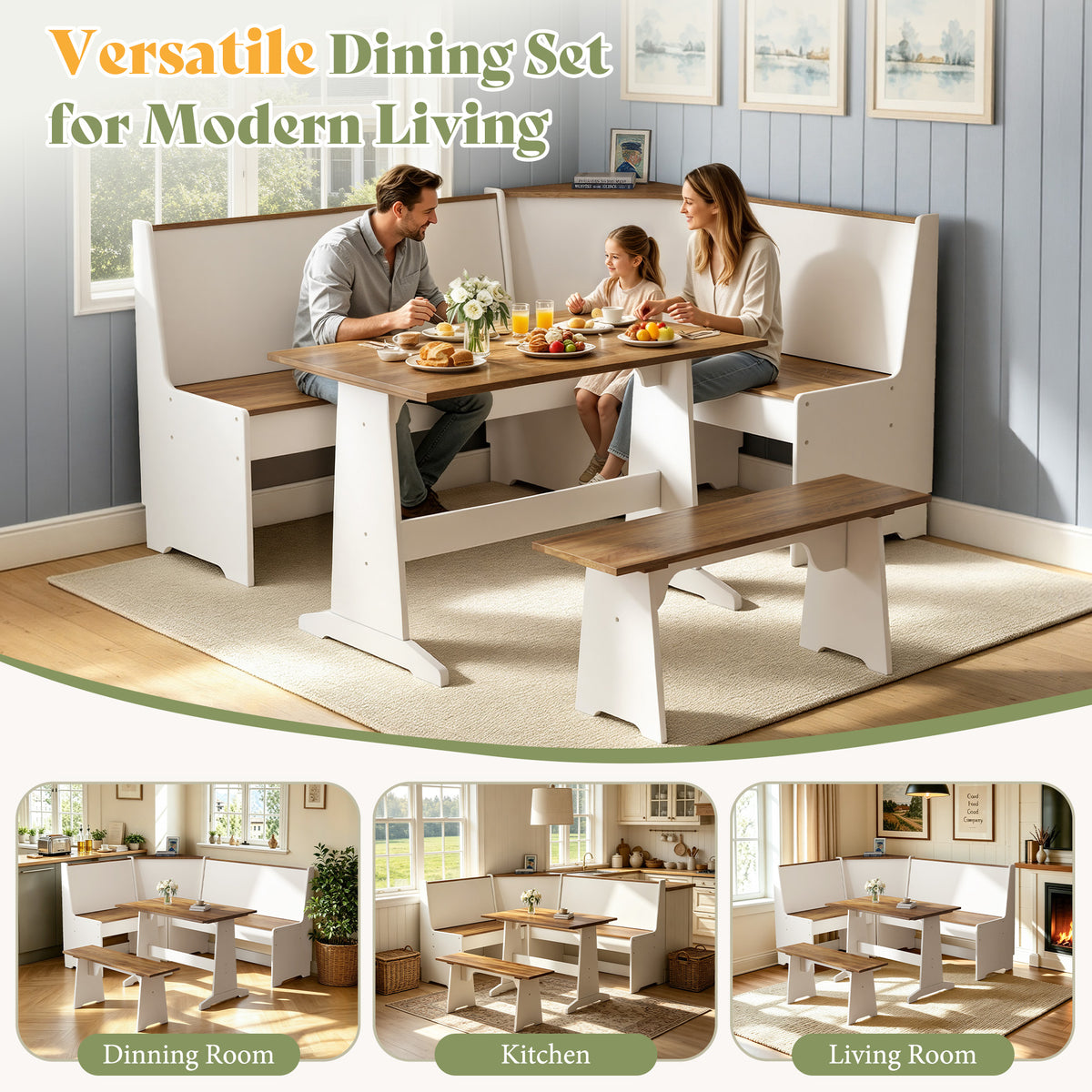 Feast 3-Piece Corner Dining Table Set -WHITE