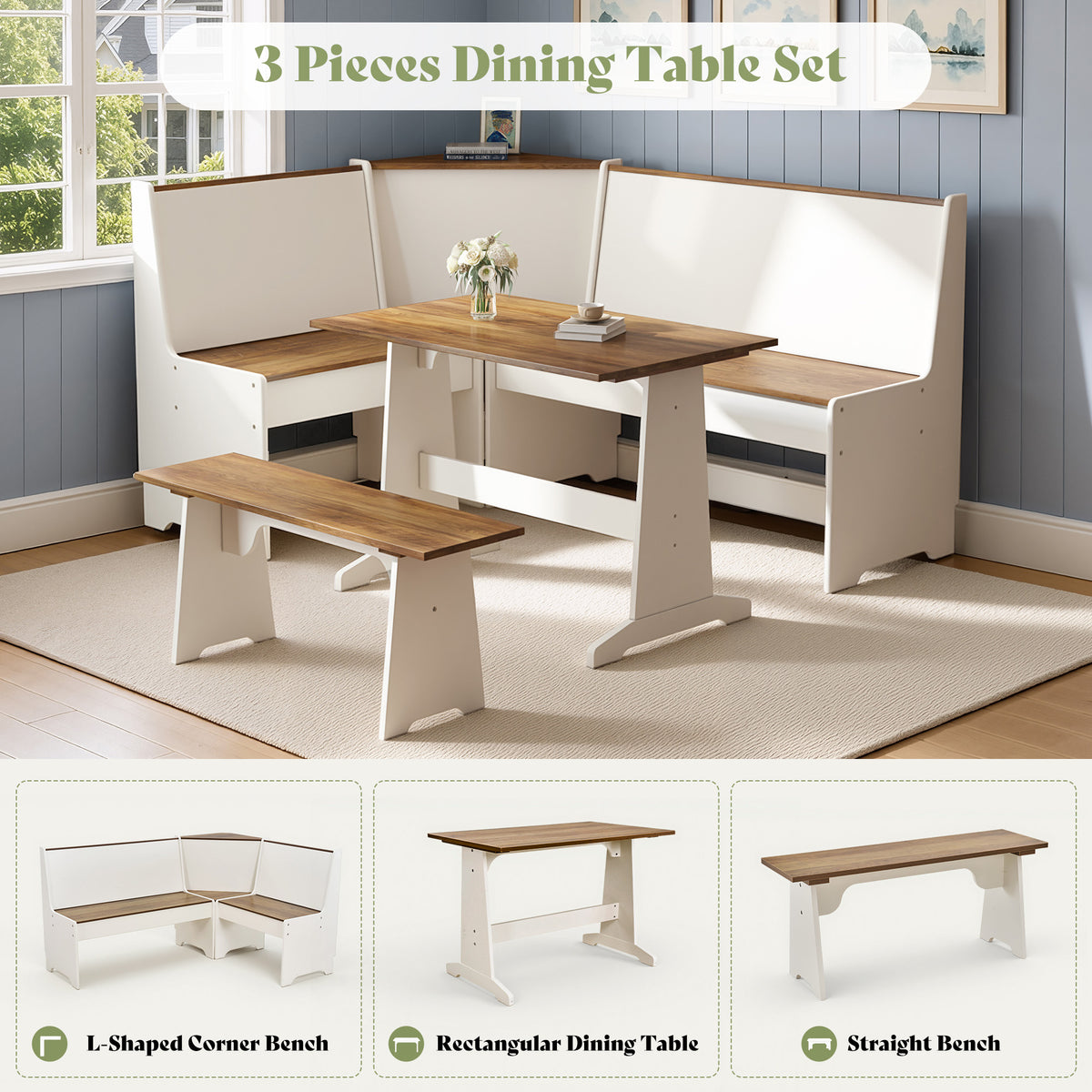 Feast 3-Piece Corner Dining Table Set -WHITE