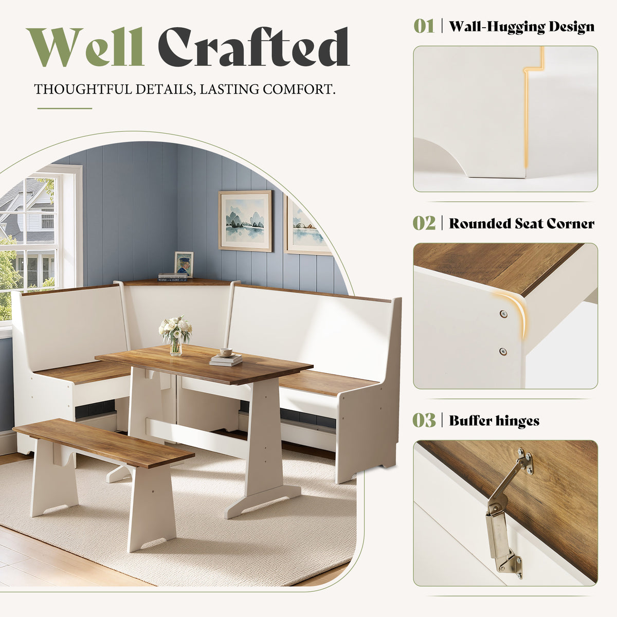 Feast 3-Piece Corner Dining Table Set -WHITE