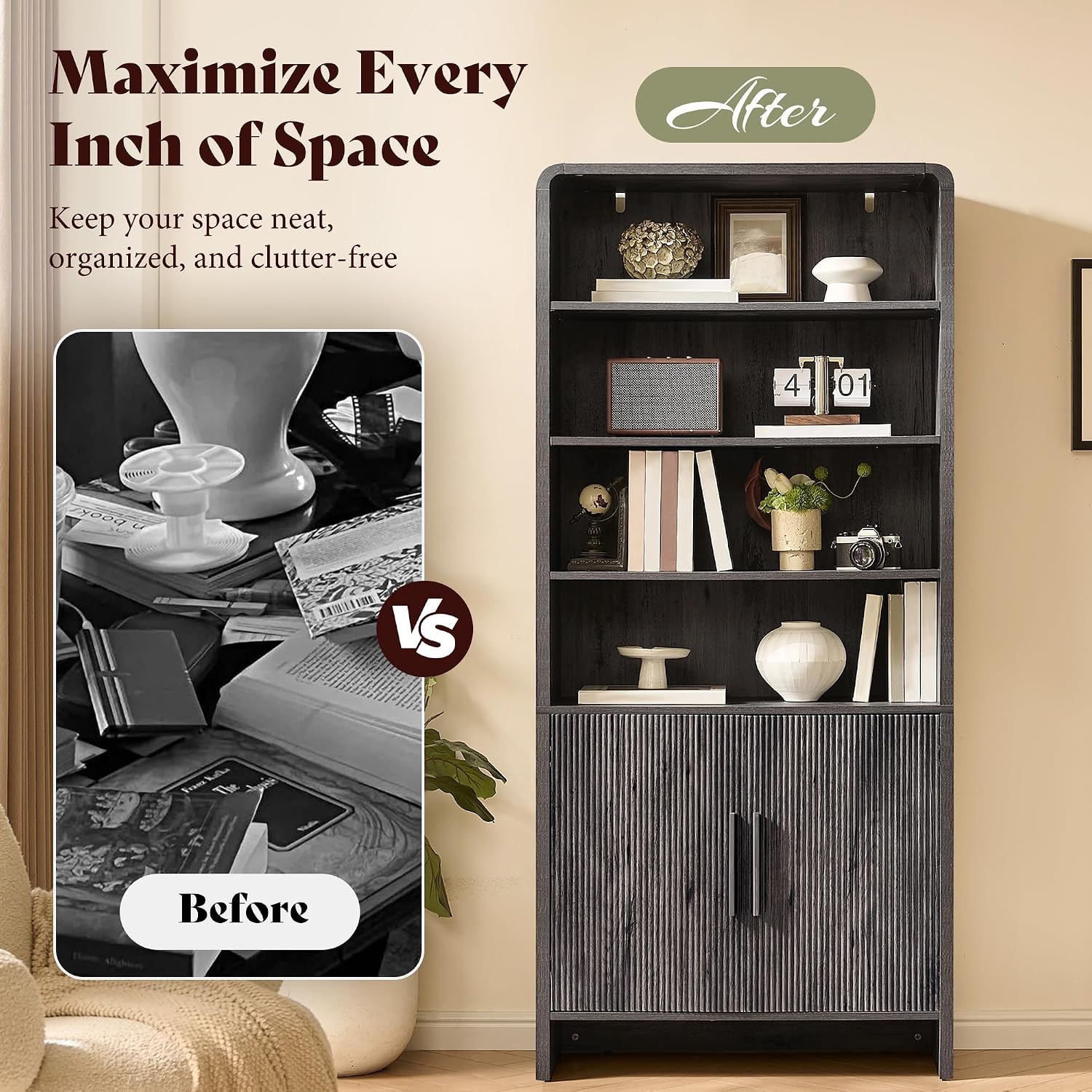 Arcova 71" Tall Fluted Bookshelf Amerlife Dark Grey