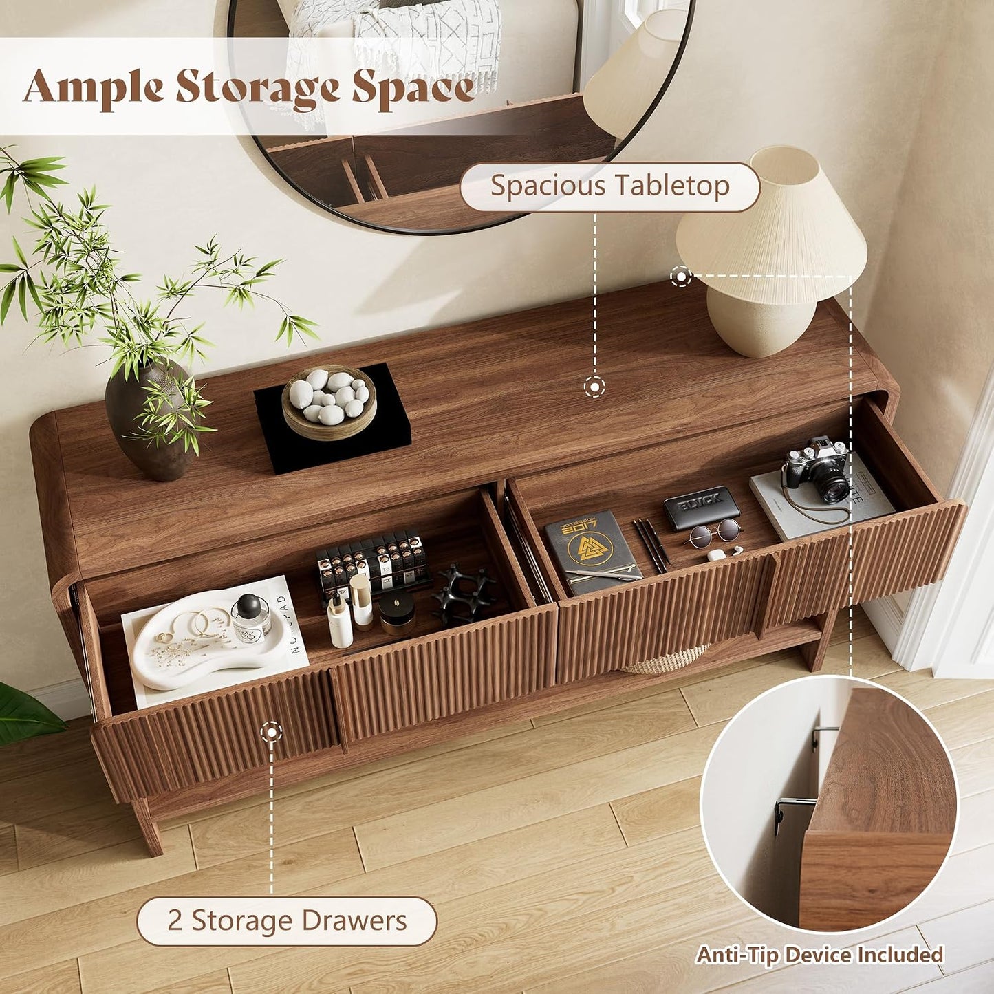 Curvia Wooden Console Table Amerlife Fluted Panel / 45" / Brown