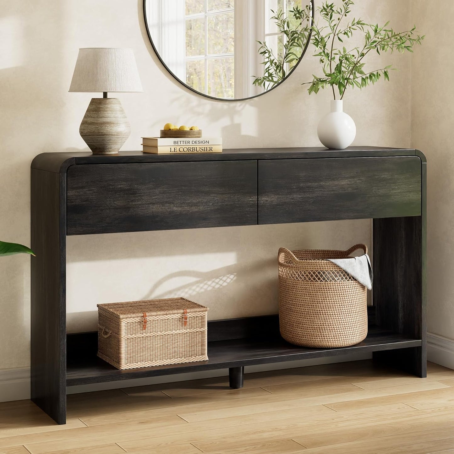 Curvia Wooden Console Table Amerlife Fluted Panel / 55" / Black