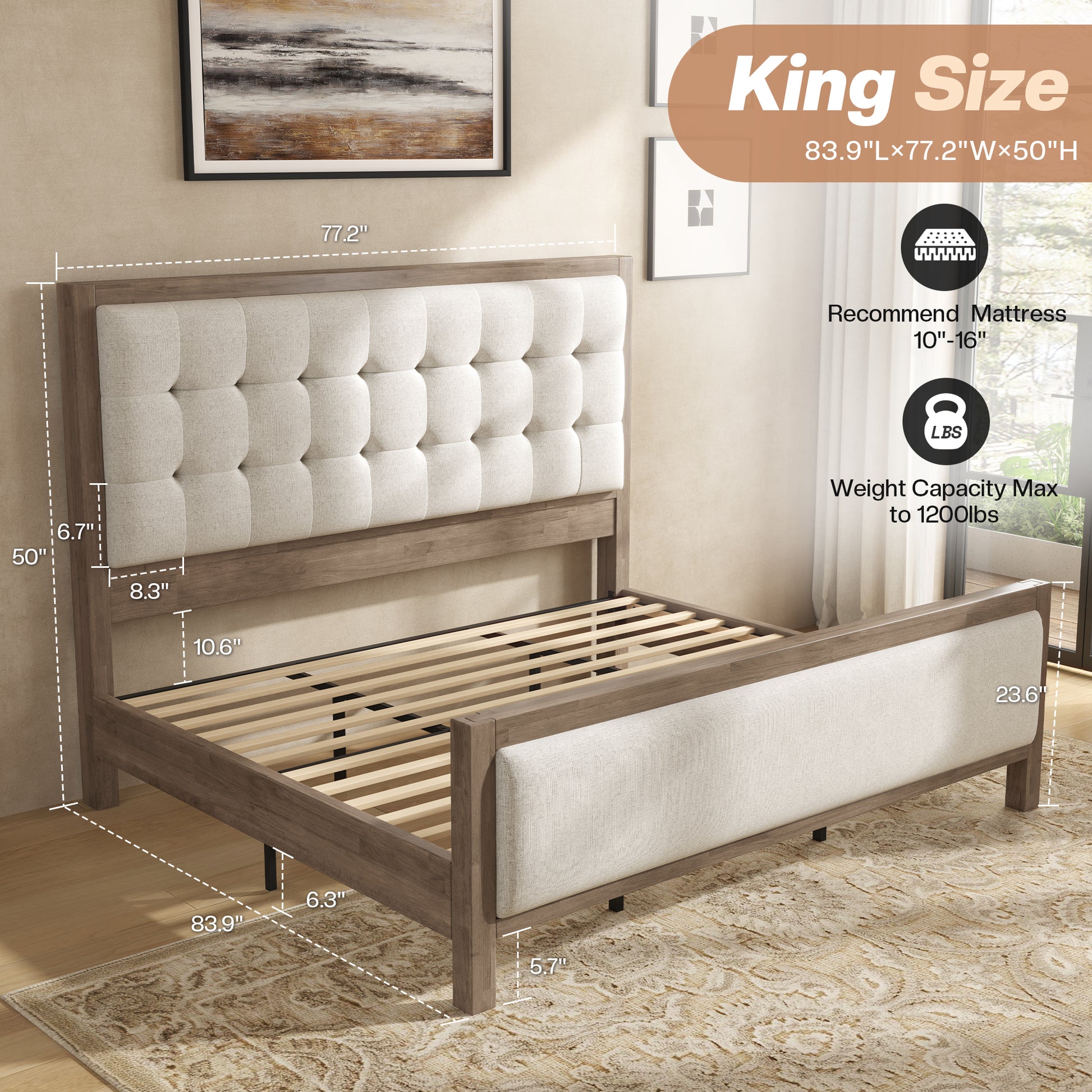 Solid Wood Bed Frame Amerlife King / Grey