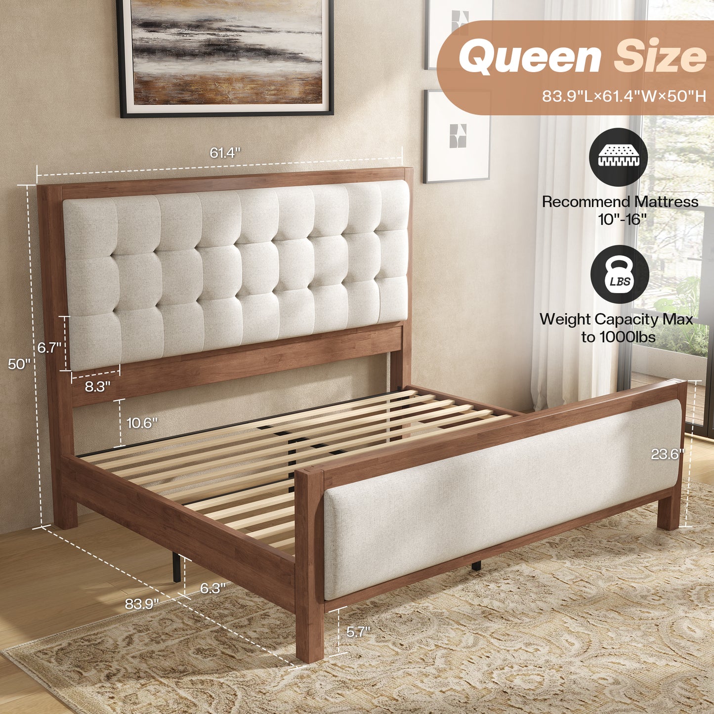 Solid Wood Bed Frame Amerlife Queen / Walnut