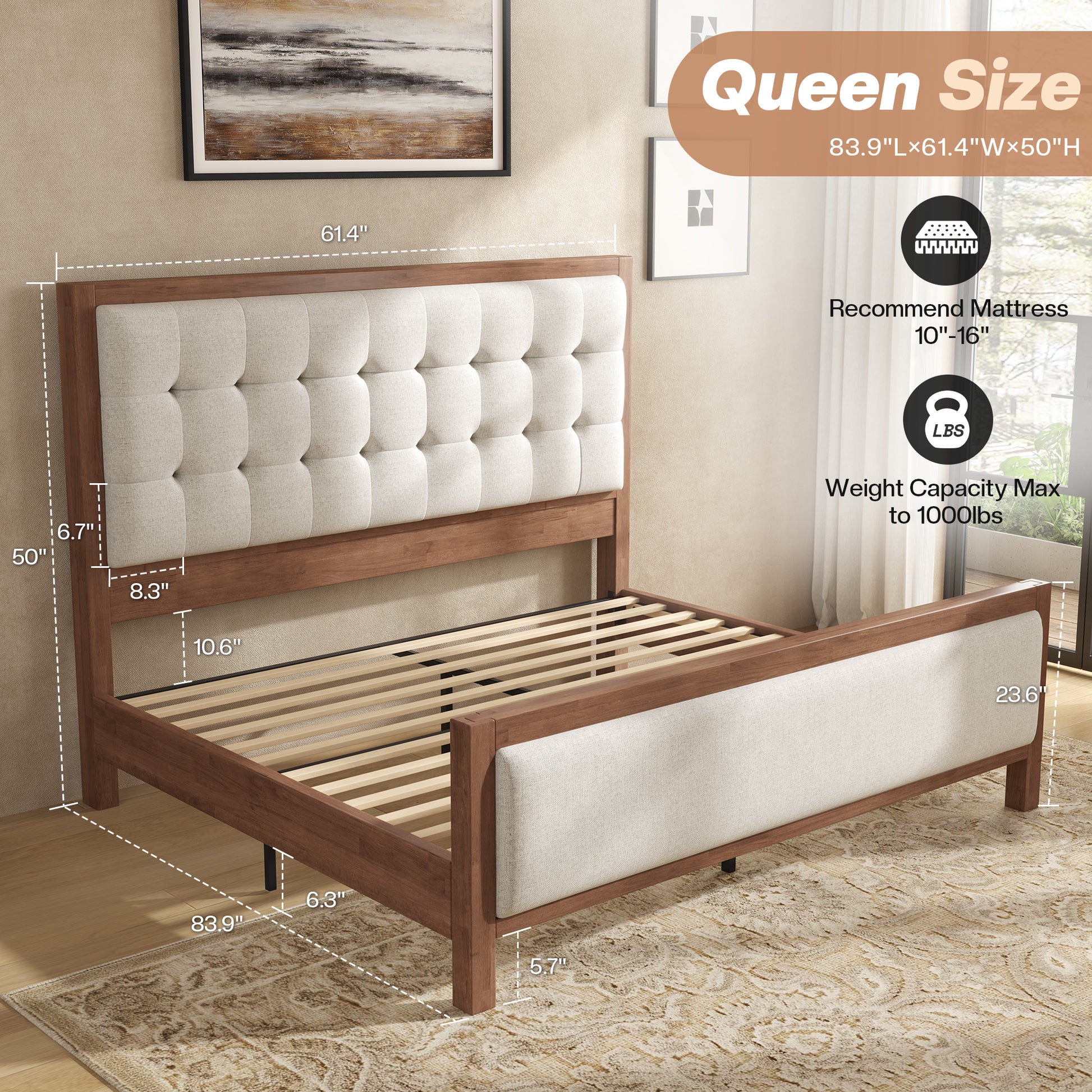 Solid Wood Bed Frame Amerlife Queen / Walnut