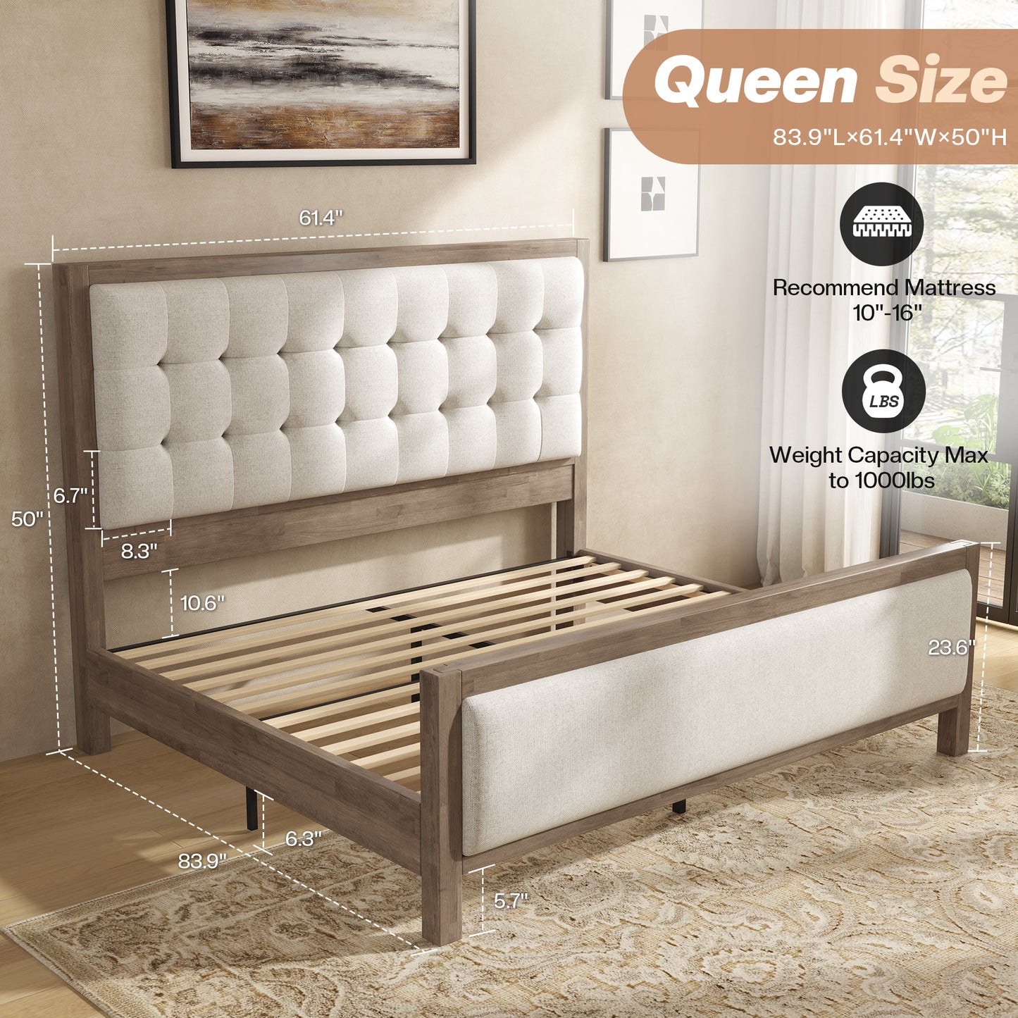 Solid Wood Bed Frame Amerlife Queen / Grey