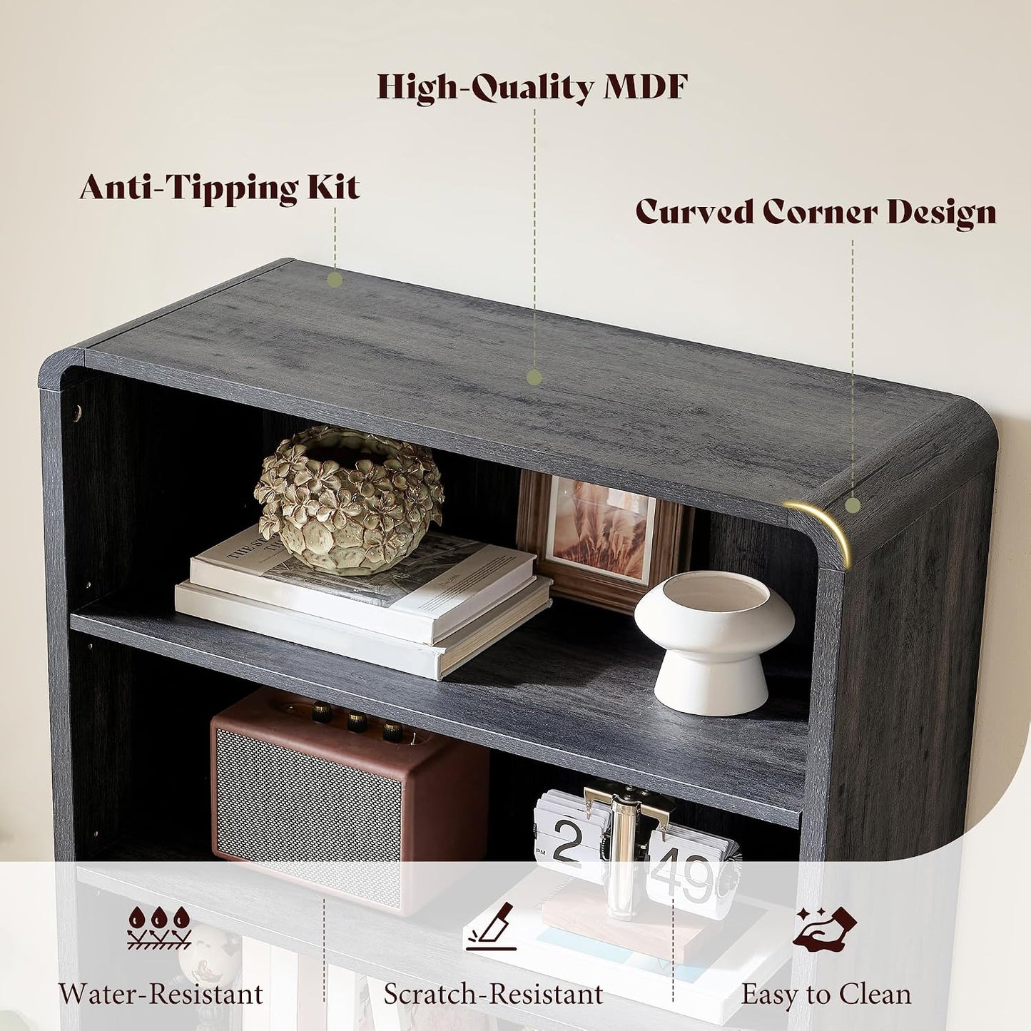 Arcova 71" Tall Fluted Bookshelf Amerlife Dark Grey