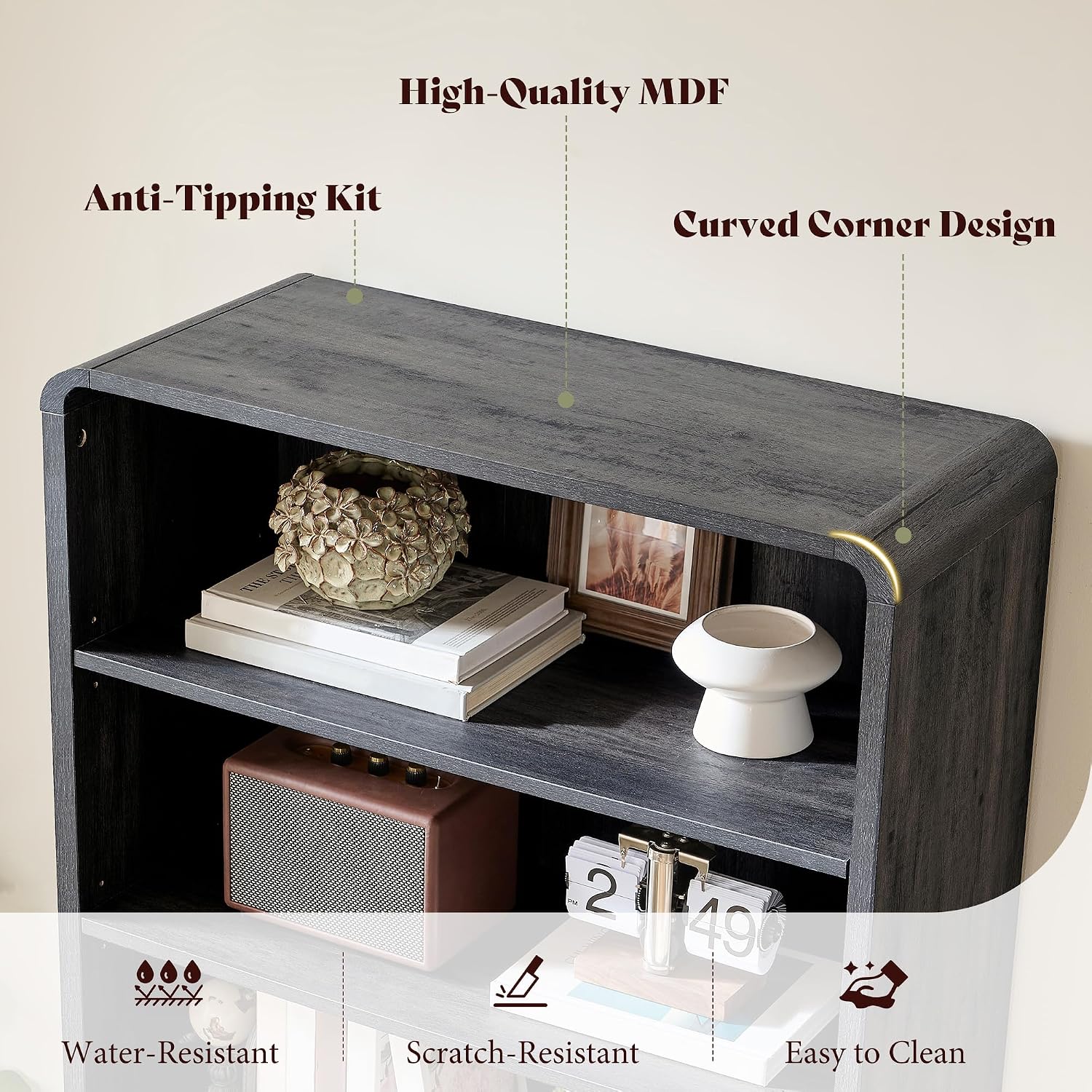 Arcova 71" Tall Fluted Bookshelf Amerlife Dark Grey