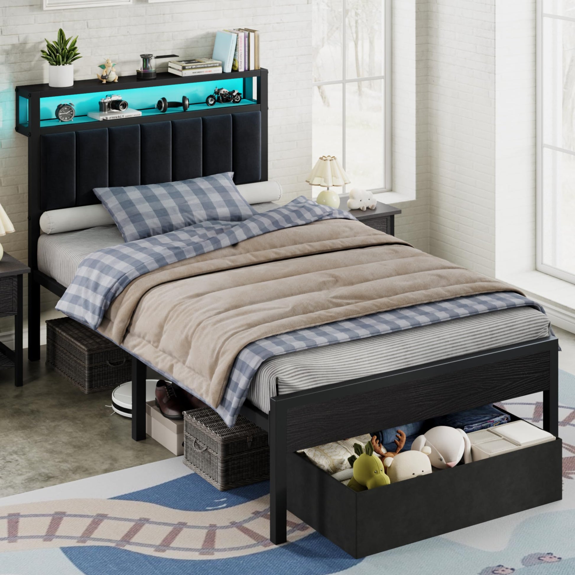 Veltrix LED Storage Velvet Bed Frame Amerlife Twin / Black