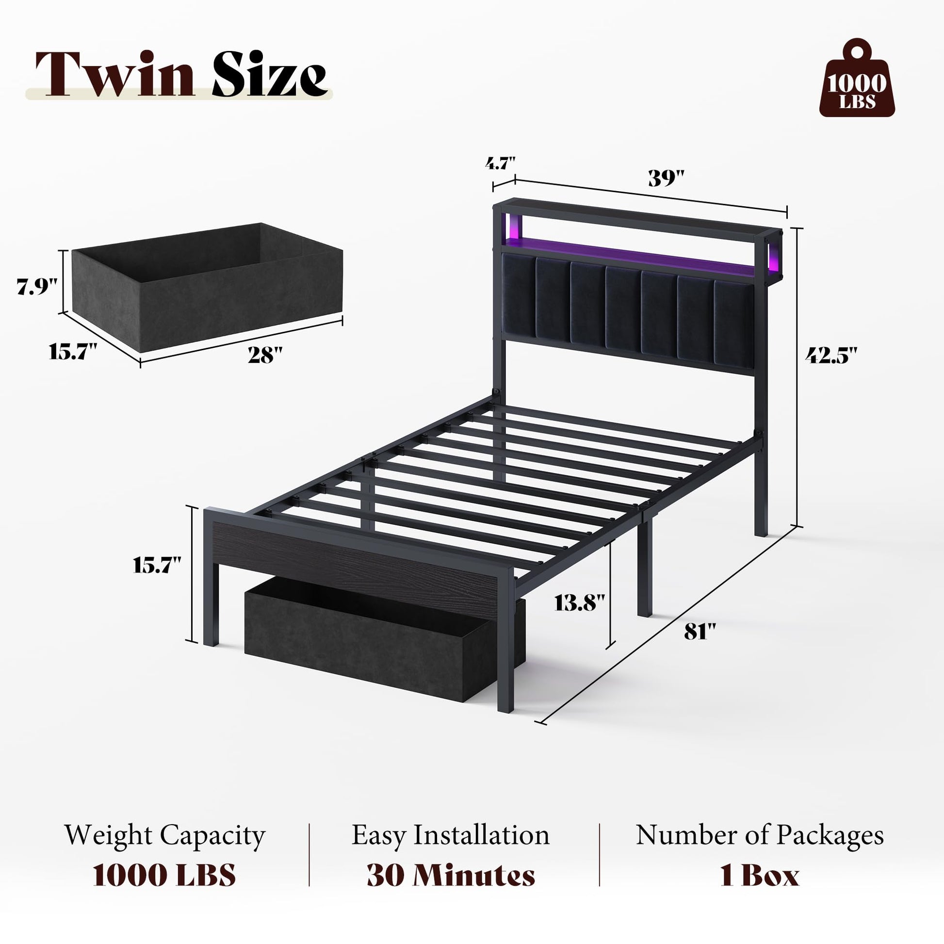 Veltrix LED Storage Velvet Bed Frame Amerlife Twin / Black
