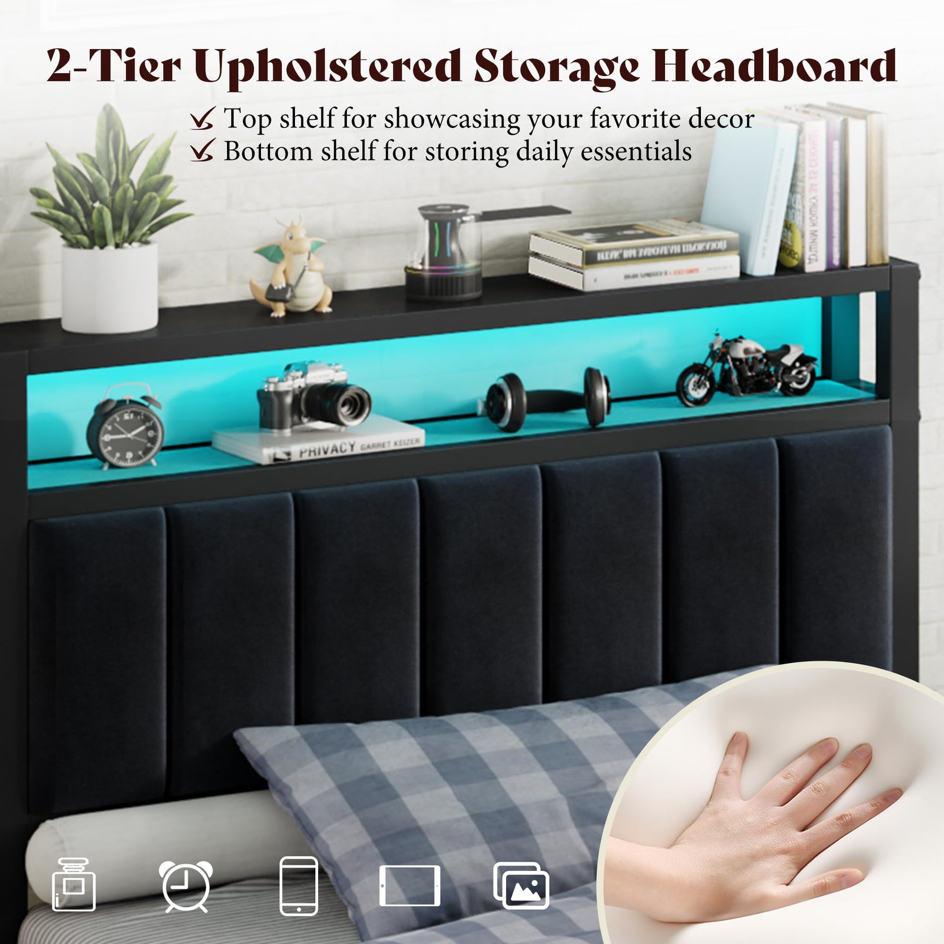 Veltrix LED Storage Velvet Bed Frame Amerlife Twin / Black
