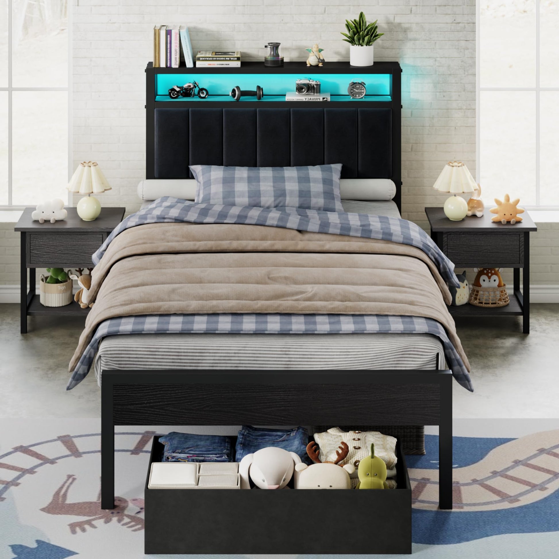 Veltrix LED Storage Velvet Bed Frame Amerlife Twin / Black