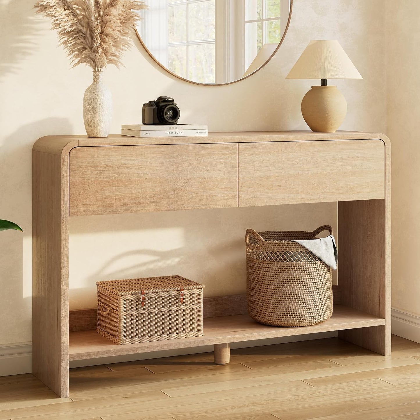 Curvia Wooden Console Table Amerlife Fluted Panel / 45" / Natural Oak