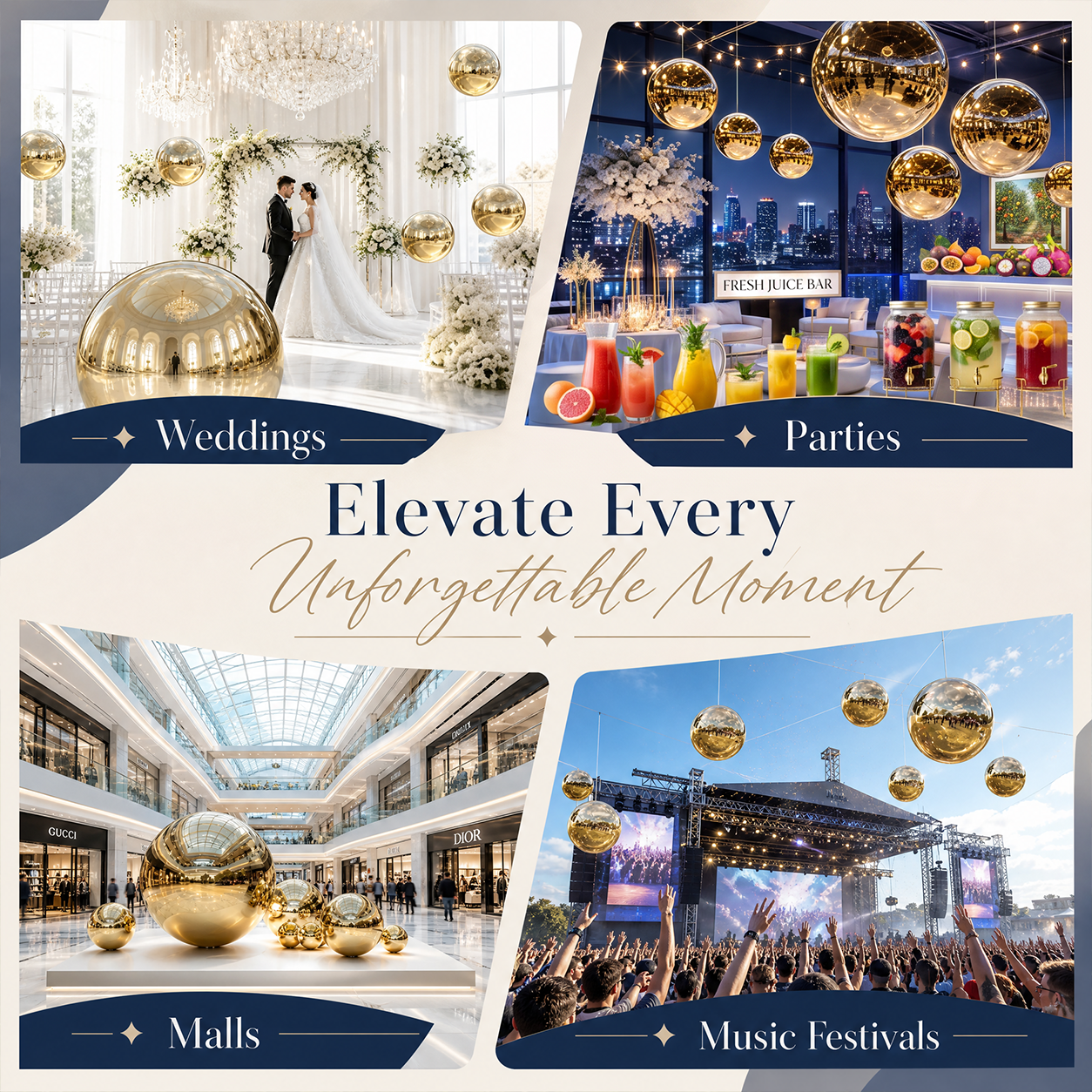Vibe Reusable Inflatable Mirror Balls for Disco Parties & Events-3PCS-15.7"+23.6"+31.5"-Gold