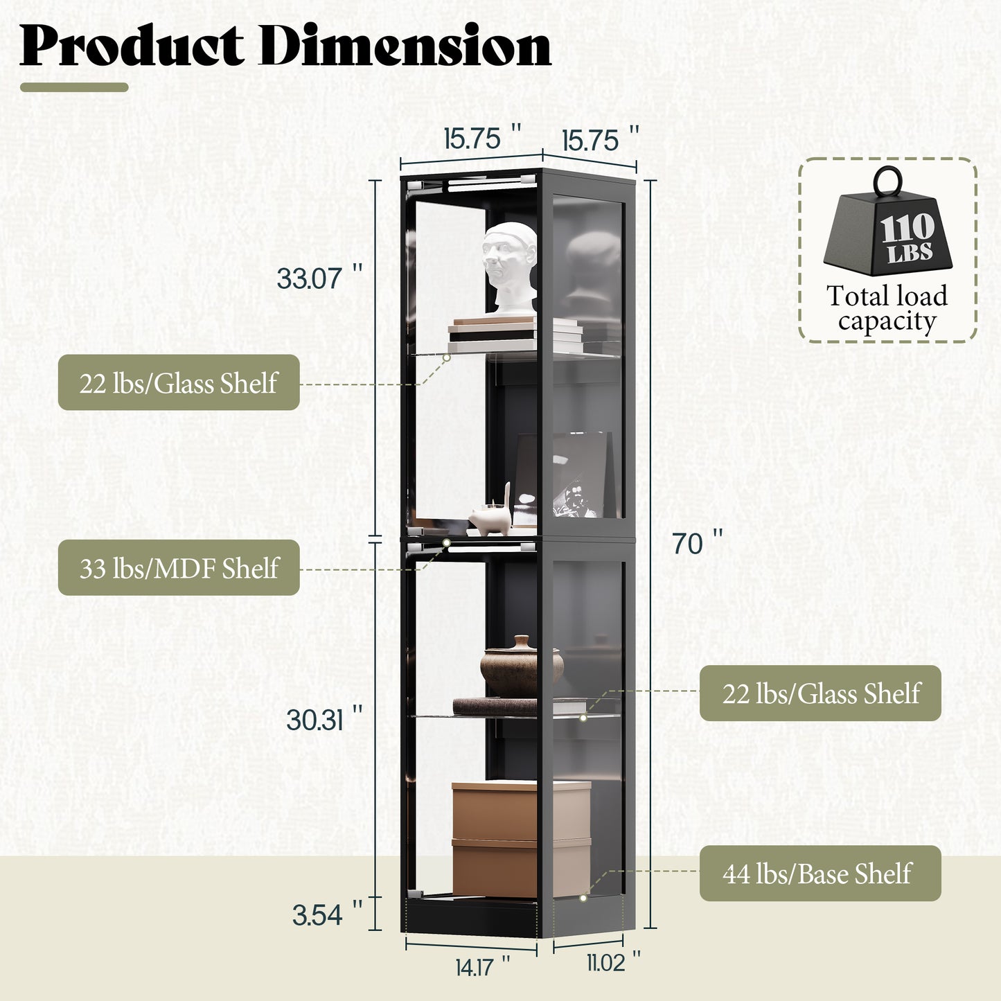 RGB Display Cabinet with Adjustable Glass Shelves Amerlife Black / 16x16x70in