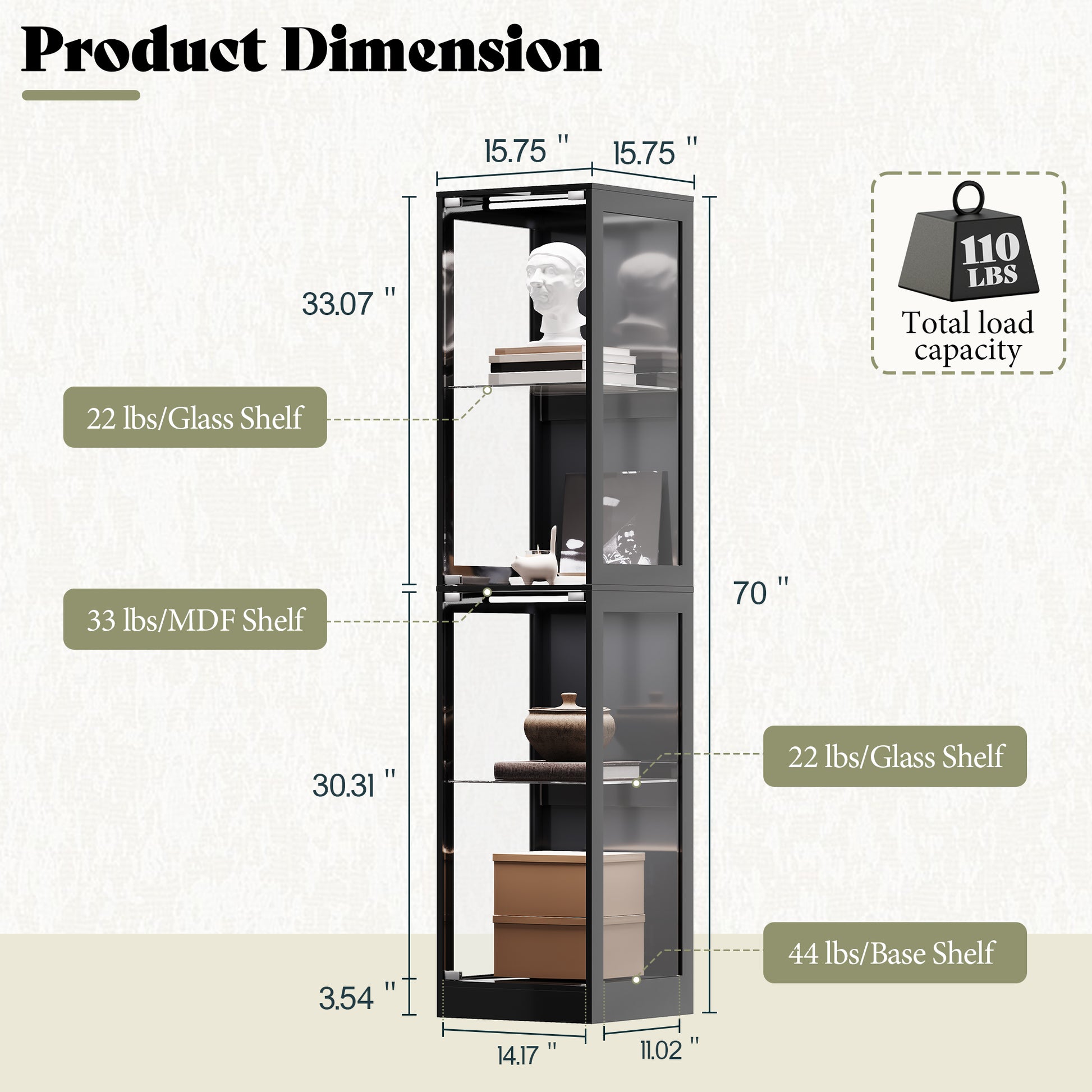 RGB Display Cabinet with Adjustable Glass Shelves Amerlife Black / 16x16x70in