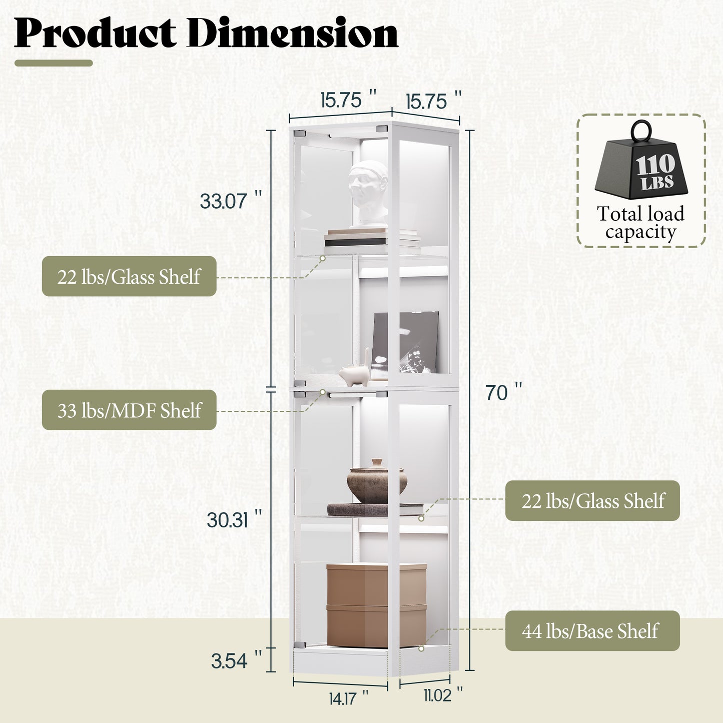 RGB Display Cabinet with Adjustable Glass Shelves Amerlife White / 16x16x70in