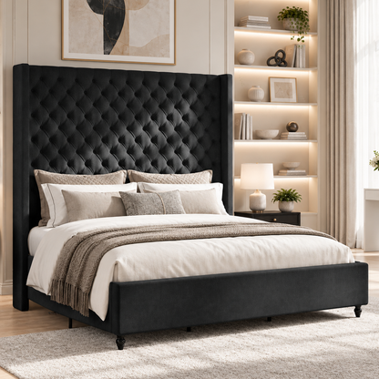 Cush Upholstered Bed Frame with Tall Wingback Headboard-California King-Black