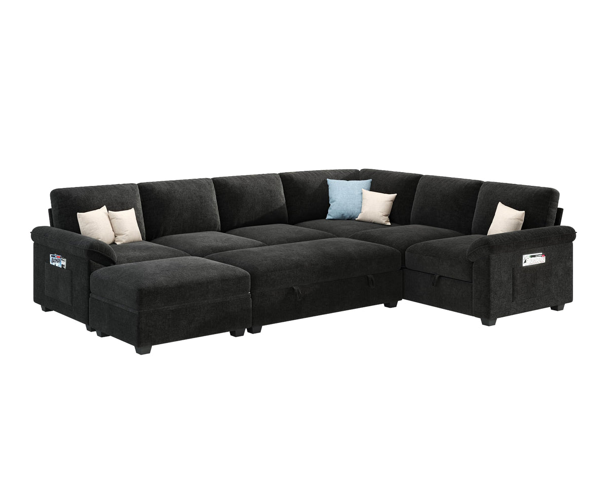 Sleeper Sectional Sofa with Pull Out Bed & Storage-105" | 7-Seater-Black