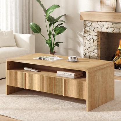Modern Wood Grain Coffee Table with Drawers-Natural Oak-Fluted