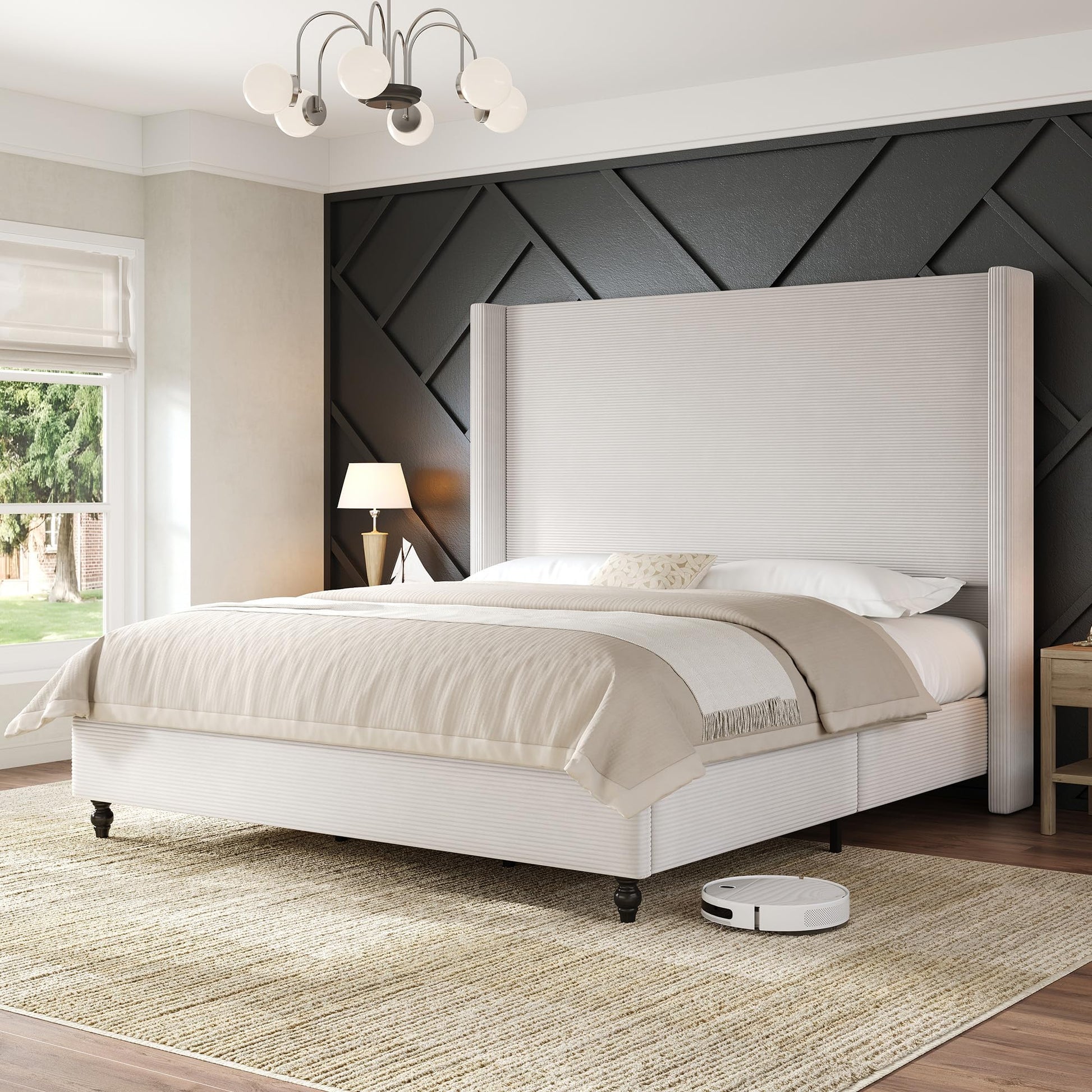 Cordelle Corduroy Wingback Bed Frame-King-Cream