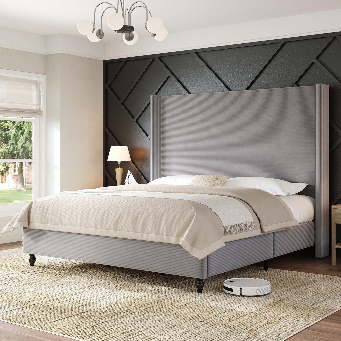 Cordelle Corduroy Wingback Bed Frame-Queen-Light Grey
