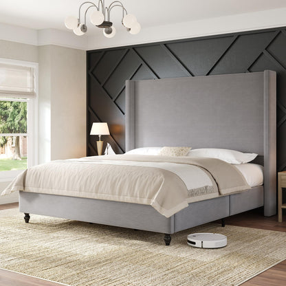 Cordelle Corduroy Wingback Bed Frame-Queen-Light Grey