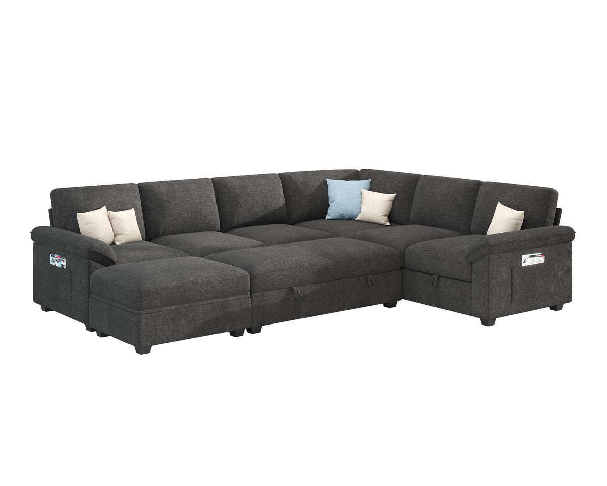 Sleeper Sectional Sofa with Pull Out Bed & Storage-105" | 7-Seater-Gray