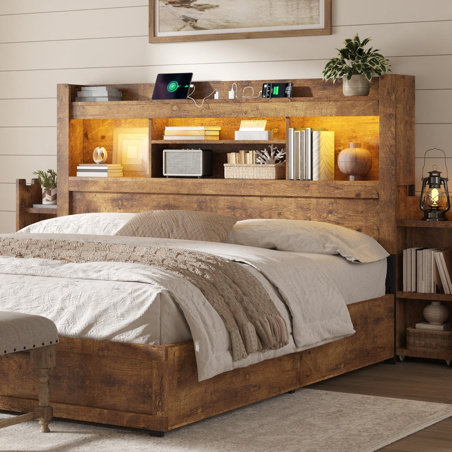 Farmhouse King Headboard with Storage & LED Lighting-Rustic Brown-Queen