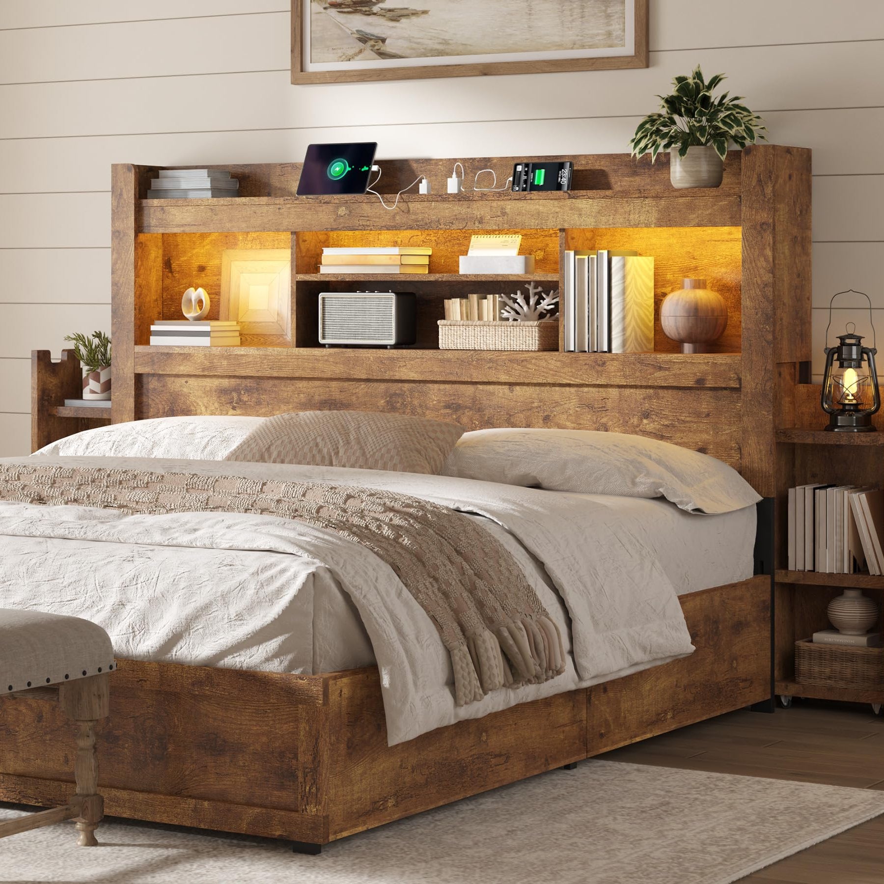 Farmhouse King Headboard with Storage & LED Lighting-Rustic Brown-Queen