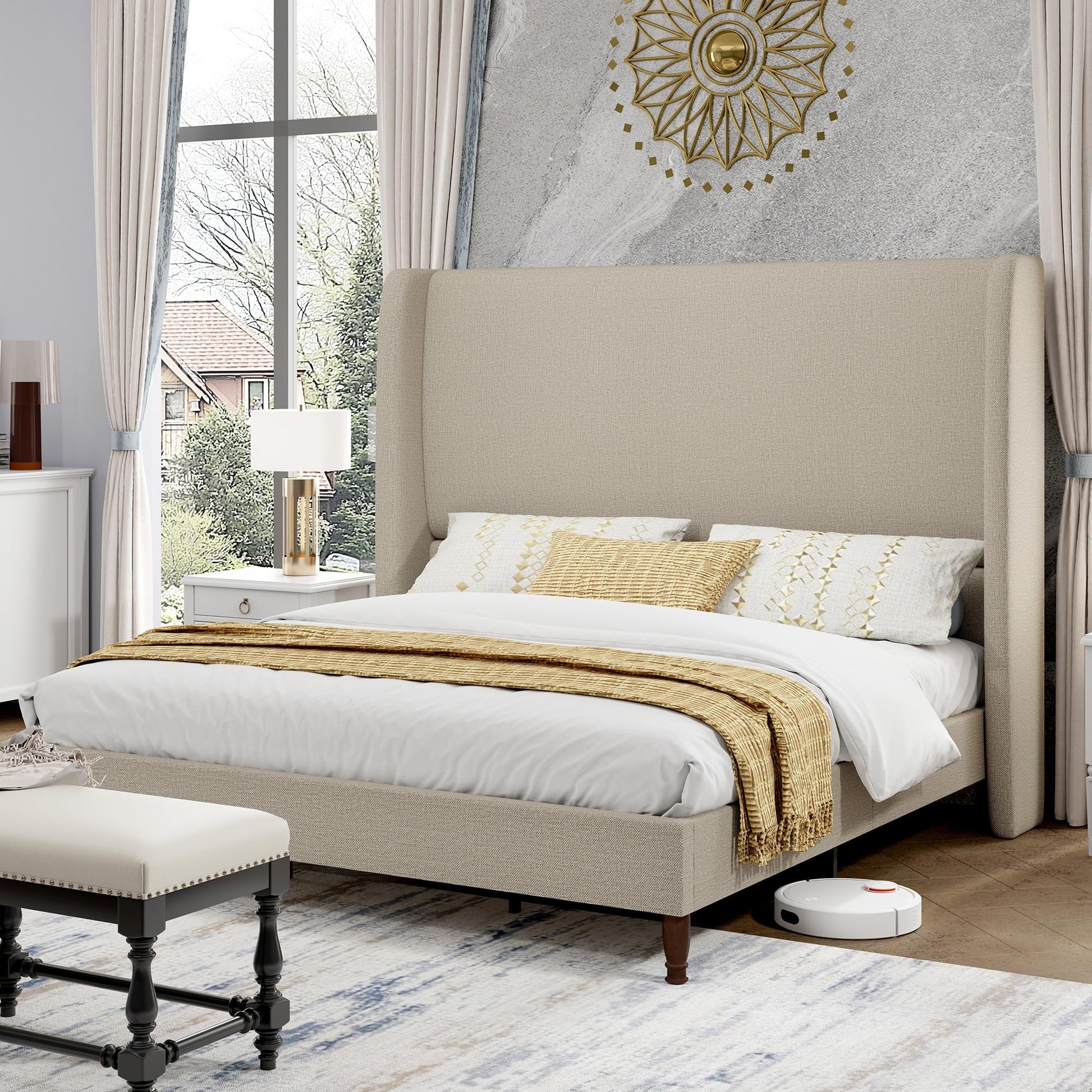 Tall Upholstered Bed Frame with Wingback Headboard-King-Khaki