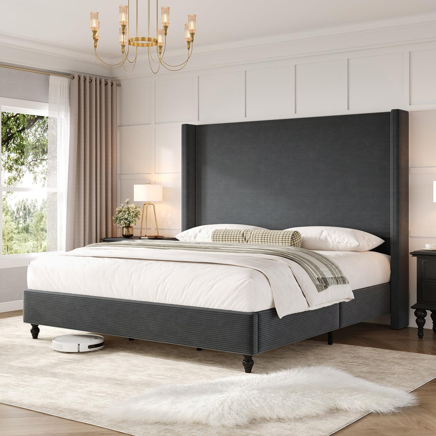 Cordelle Corduroy Wingback Bed Frame-California King-Dark Grey