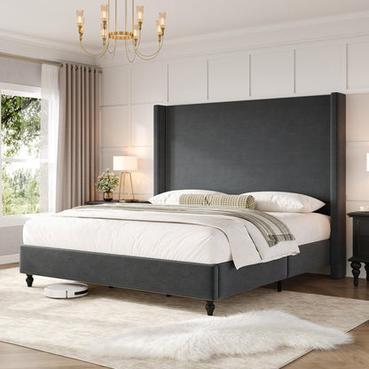 Cordelle Corduroy Wingback Bed Frame-California King-Dark Grey