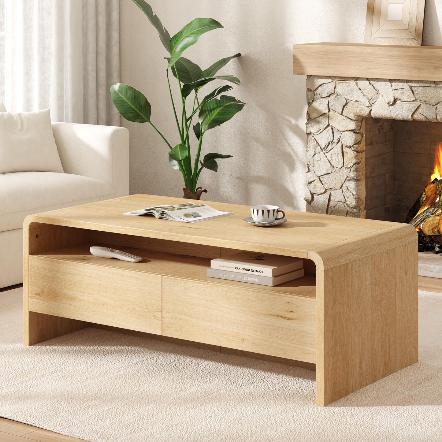 Modern Wood Grain Coffee Table with Drawers-Natural Oak-Flat