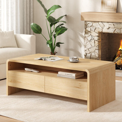 Modern Wood Grain Coffee Table with Drawers-Natural Oak-Flat