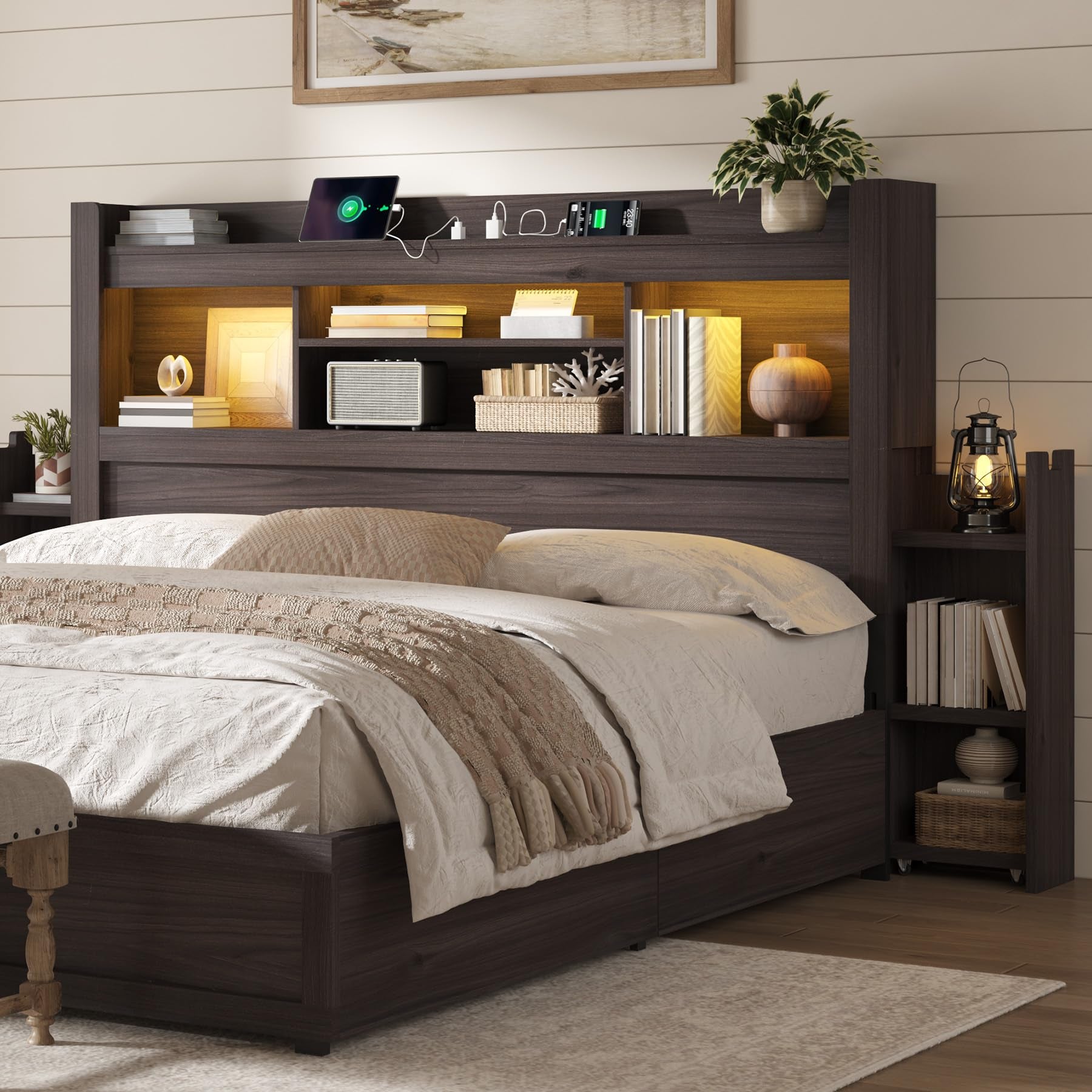 Farmhouse King Headboard with Storage & LED Lighting-Black Oak-King