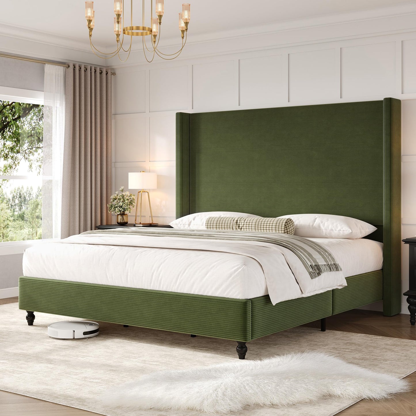 Cordelle Corduroy Wingback Bed Frame-Queen-Green