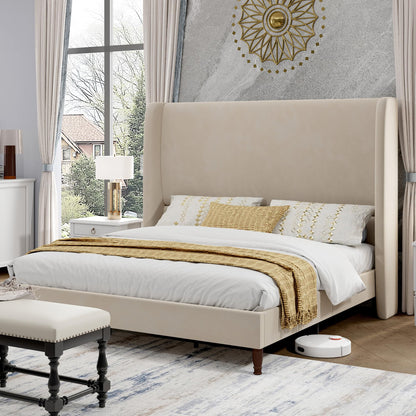 Tall Upholstered Bed Frame with Wingback Headboard-Queen-Off-white