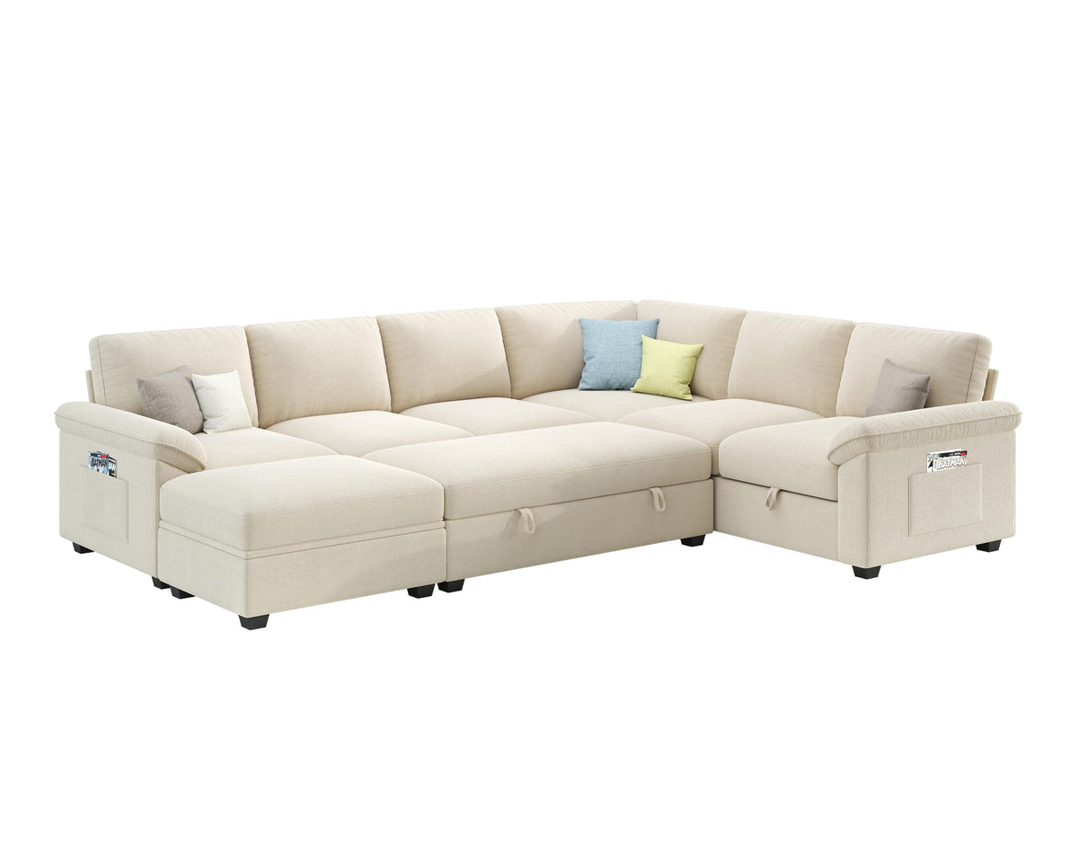 Sleeper Sectional Sofa with Pull Out Bed & Storage-105" | 7-Seater | Fixed backrest-Beige
