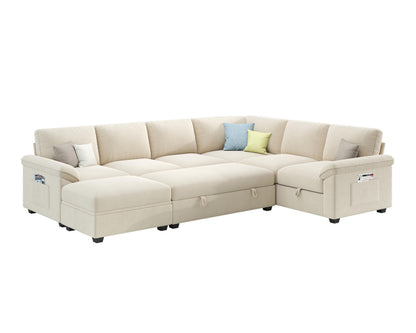 Sleeper Sectional Sofa with Pull Out Bed & Storage-105" | 7-Seater | Fixed backrest-Beige