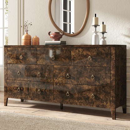 Burl Mid Century 7-Drawer Wood Dresser-Brown