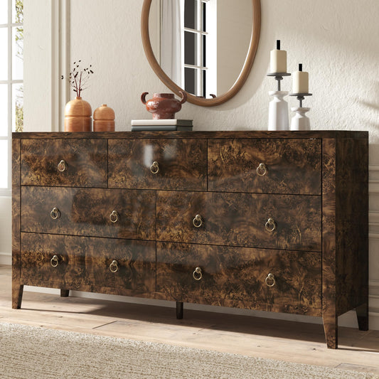 Burl Mid Century 7-Drawer Wood Dresser-Brown
