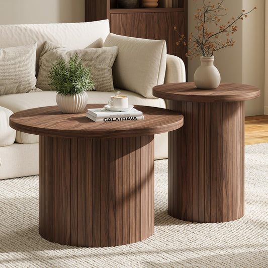 Briar Round Nesting Coffee Table Set with Full Fluted Design-Walnut
