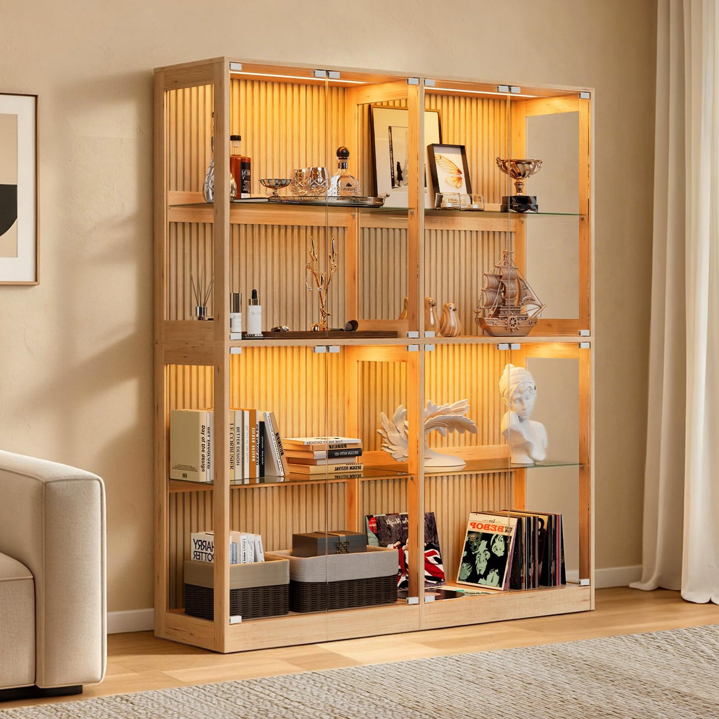 RGB Display Cabinet with Adjustable Glass Shelves Amerlife Wood / 60x16x70in