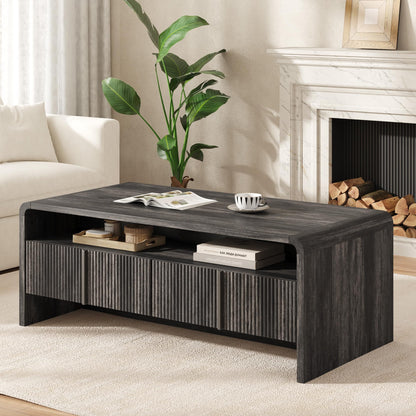 Onyx Modern Wood Grain Coffee Table with Drawers-Black-Fluted