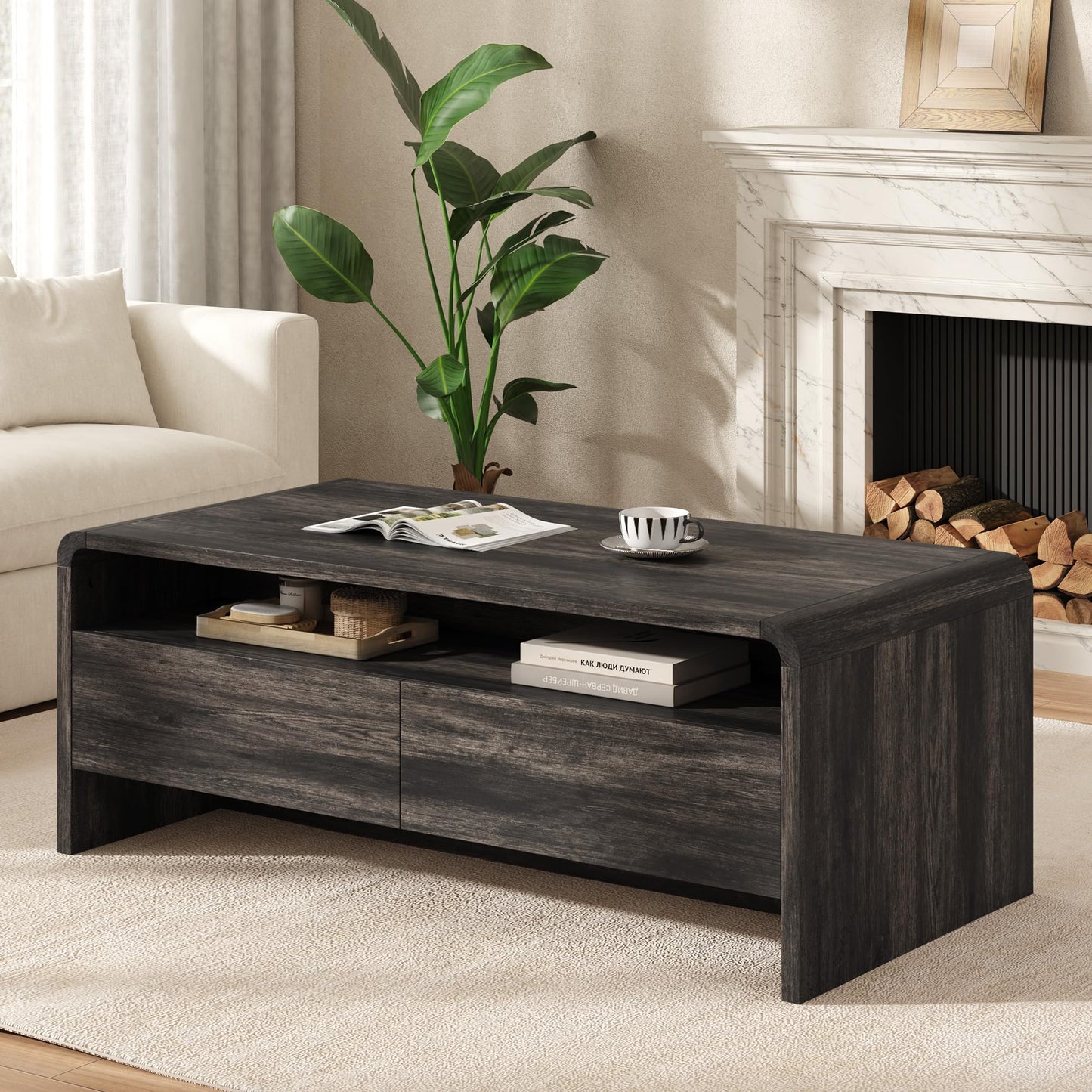 Modern Wood Grain Coffee Table with Drawers-Black-Flat