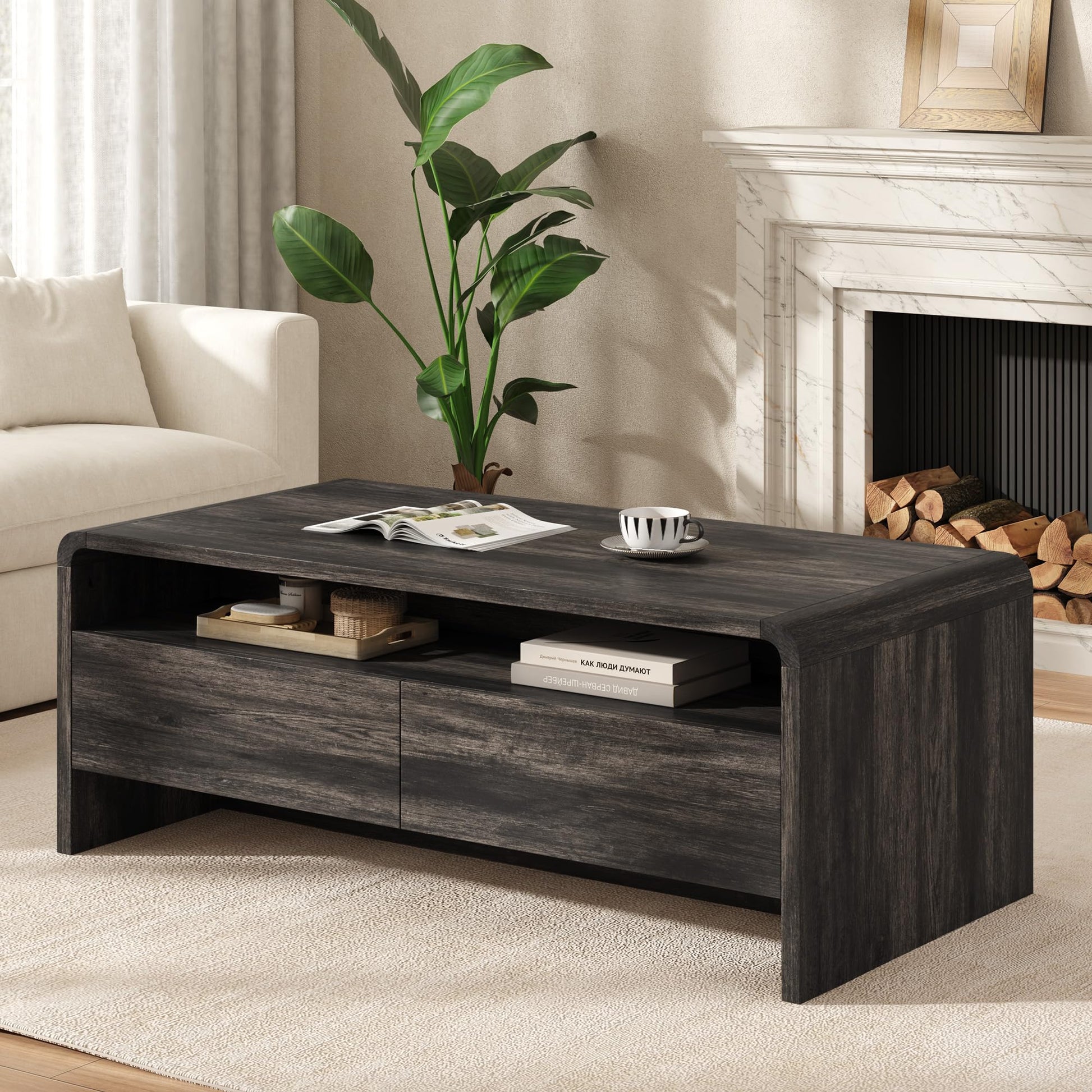 Modern Wood Grain Coffee Table with Drawers-Black-Flat