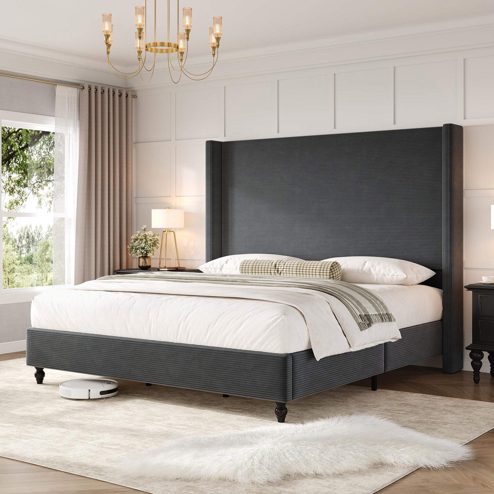Cordelle Corduroy Wingback Bed Frame-Queen-Dark Grey