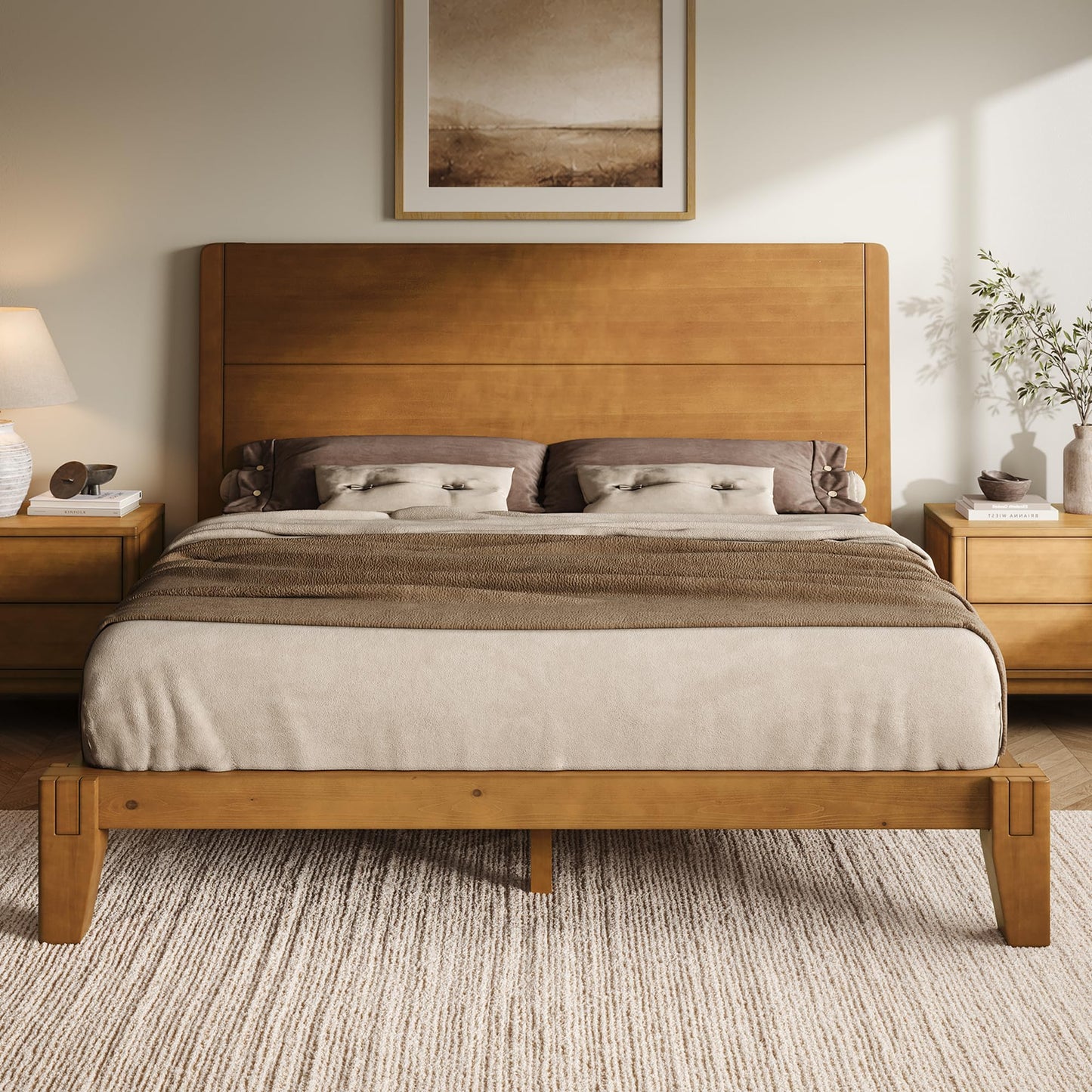 Japanese Joinery Solid Wood King Bed Frame-Queen-Brown Walnut