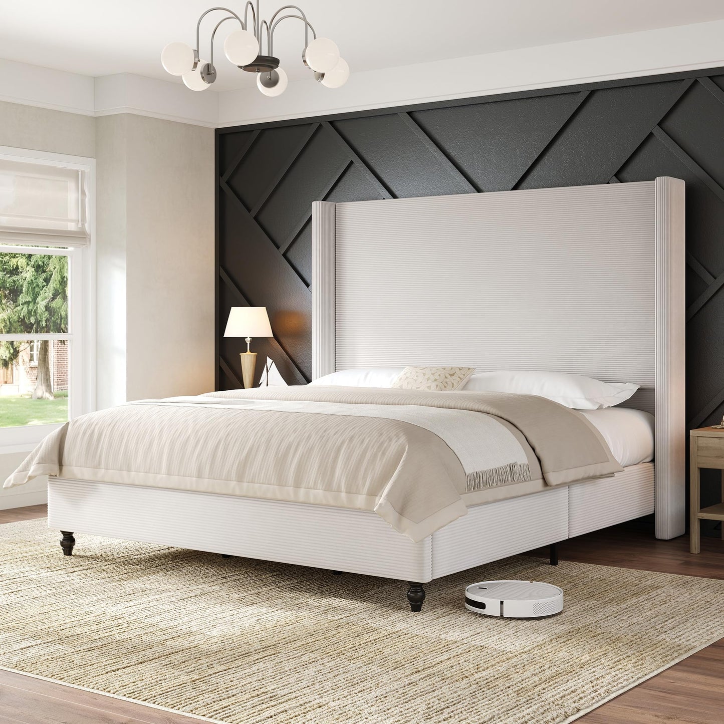 Cordelle Corduroy Wingback Bed Frame-California King-Cream